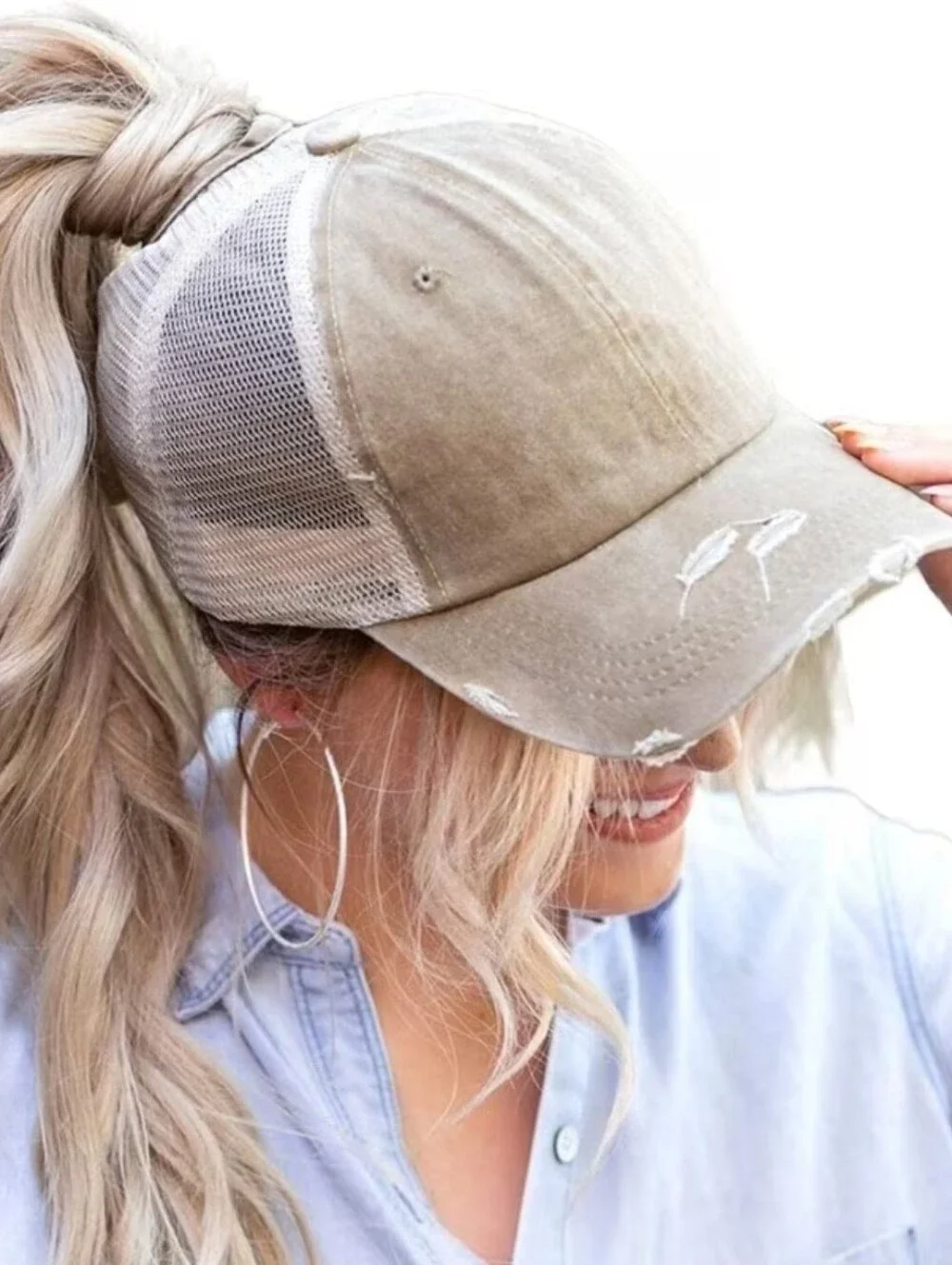 NWOT Distressed Ponytail Mesh Baseball Cap - Taupe